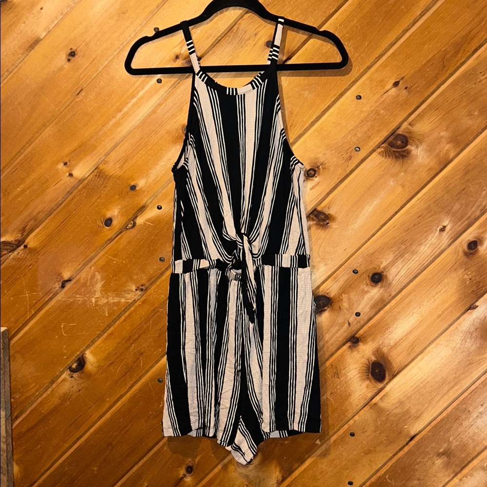 High neck striped tie front peephole shorts romper